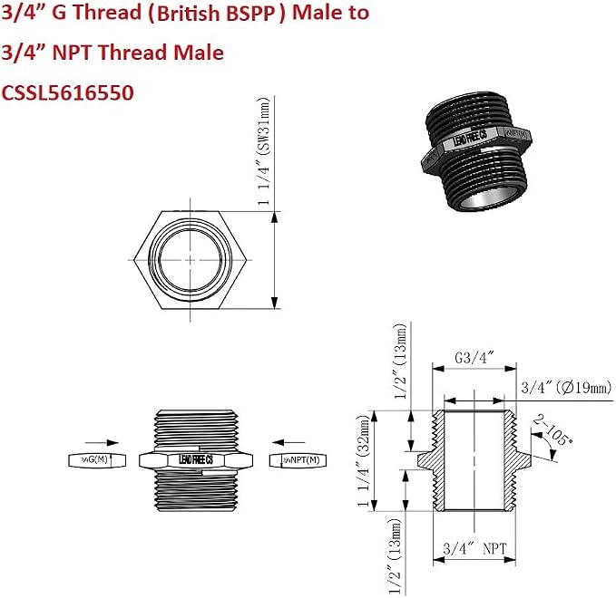Cascada 3/4" G Thread Male to 3/4" NPT Thread Male Pipe Fitting Adapter - Image 4