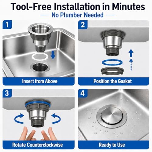 3.5" Pop-Up Kitchen Sink Drain, Stainless Steel Stopper - Image 6