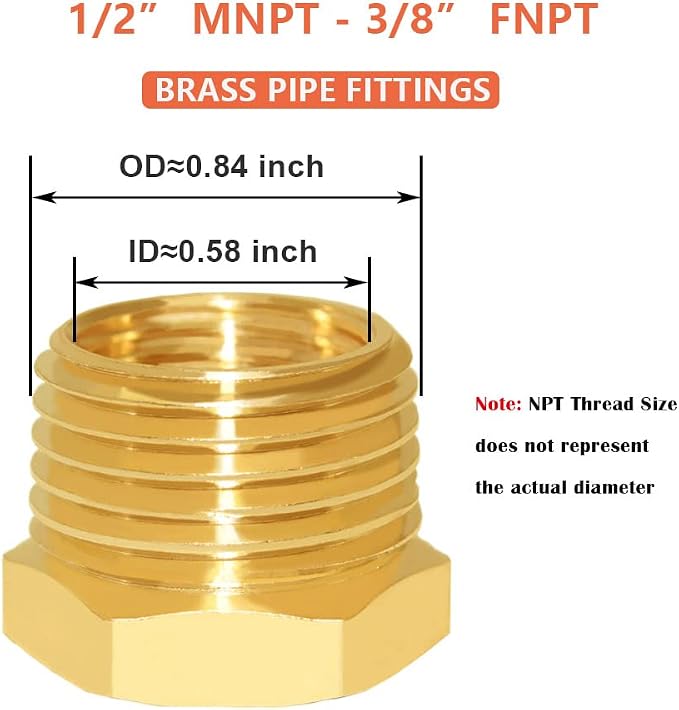 Hooshing 6PCS Brass Reducer Hex Bushing 1/2" NPT Male x 3/8" NPT Female | Heavy - Image 2