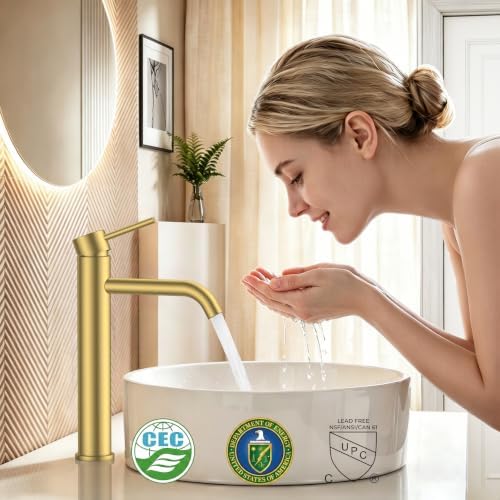 FORIOUS Vessel Tall Bathroom Faucet 1 Hole Brushed Gold Single Handle - Image 2