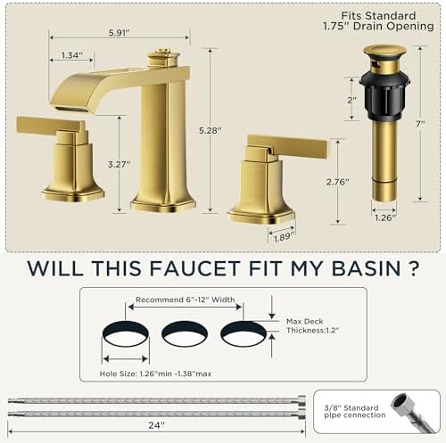 FORIOUS Bathroom Faucet 3 Hole Widespread Sink Faucets Brushed Gold - Image 2