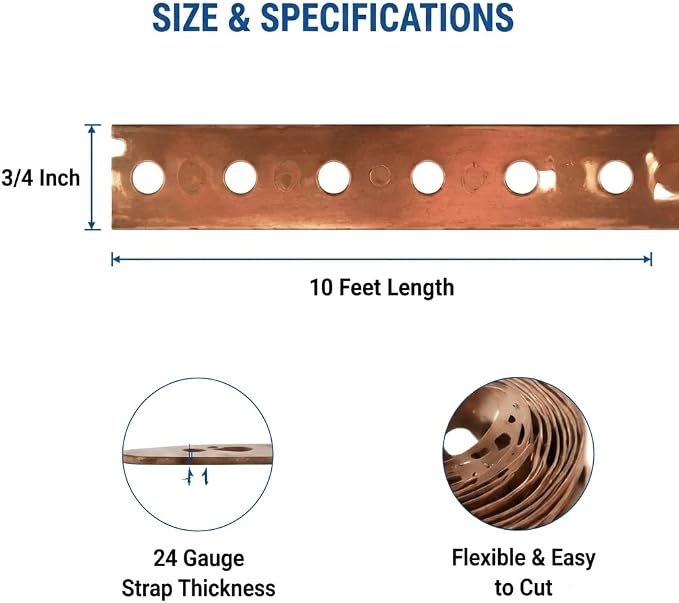 Copper Plate Steel Hanger Strap, 3/4 Inch x 10 Feet, 24 Gauge, - Image 2