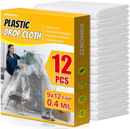 ZENOWICK 12 Pack Plastic Drop Cloth, 9x12 Ft Plastic Sheeting by Zenowick