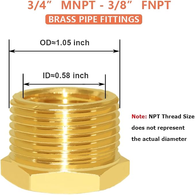 Hooshing 2PCS Brass Reducer Hex Bushing 3/4" NPT Male x 3/8" NPT Female | Heavy - Image 2