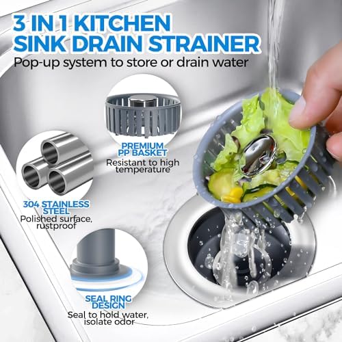 zaa 3 in 1 Kitchen Sink Drain Strainer Stopper Removable Basket Pop-Up - Image 2
