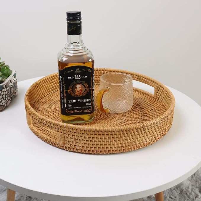 Round Rattan Serving Tray Decorative Woven Ottoman Trays - Image 3