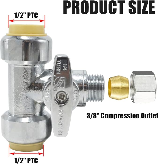 TTFLEX 1/2" Push x 1/2" Push x 3/8" Comp Tee Valve, Shut Off Valve 1/4 Turn | - Image 2