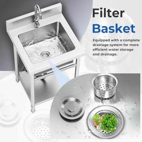 20" Stainless Steel Utility Sink, Freestanding Single Bowl Garage Sink - Image 6