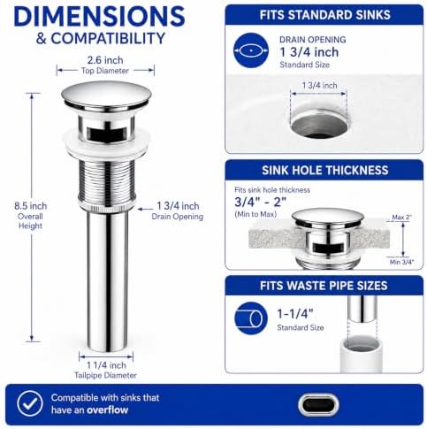 Bathroom Sink Drain with Overflow, Big Cap Pop Up Drain - Image 6
