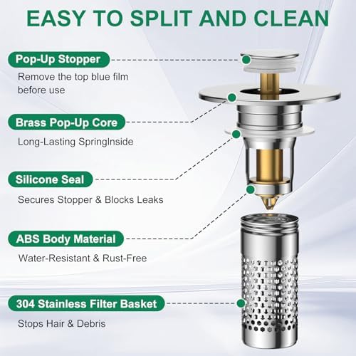 Bathroom Sink Drain Strainer, Universal Pop-Up Sink Stopper Hair Catcher - Image 6
