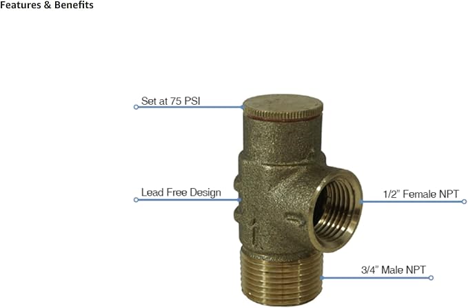 MFG PRVNL75 No Lead Brass Pressure Relief Valve 75 PSI - Image 2