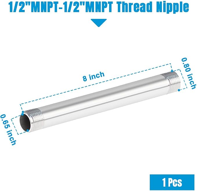 Quickun 304 Stainless Steel Nipple Pipe Fitting, 1/2" NPT x 1/2" NPT Male - Image 2