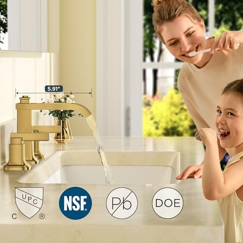 FORIOUS Bathroom Faucet 3 Hole Widespread Sink Faucets Brushed Gold - Image 3