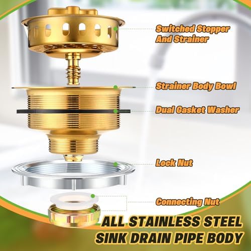 Threehoney 2 Pcs Kitchen Sink Drain Strainer 3-1/2 Inch Gold Stainless Steel - Image 3