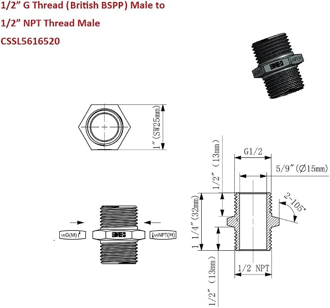 Cascada 1/2" G Thread Male to 1/2" NPT Thread Male Pipe Fitting Adapter - Image 4