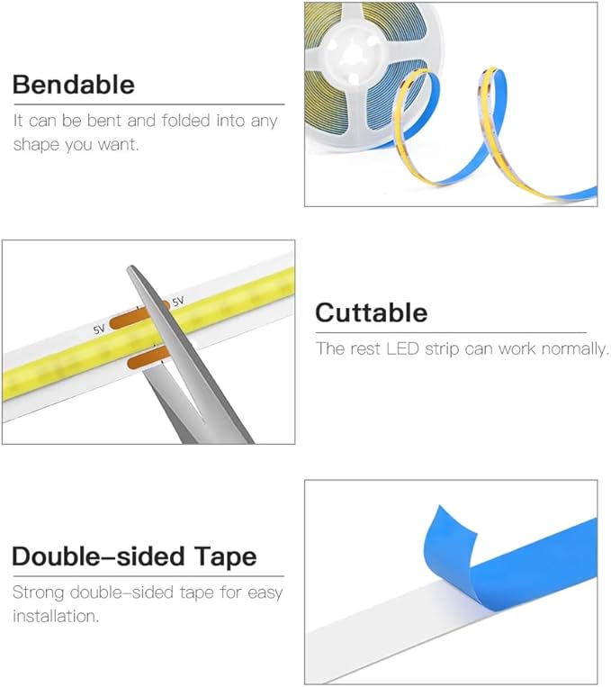 ZSLAIFU 5V USB LED Light Strip, COB LED Strip Lights, Ice Blue 5V LED Lights - Image 2