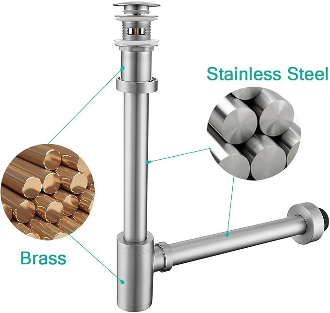 Brass Round Bottle P-Trap with Pop Up Drain Stopper with Overflow, 1 1/4 - Image 9