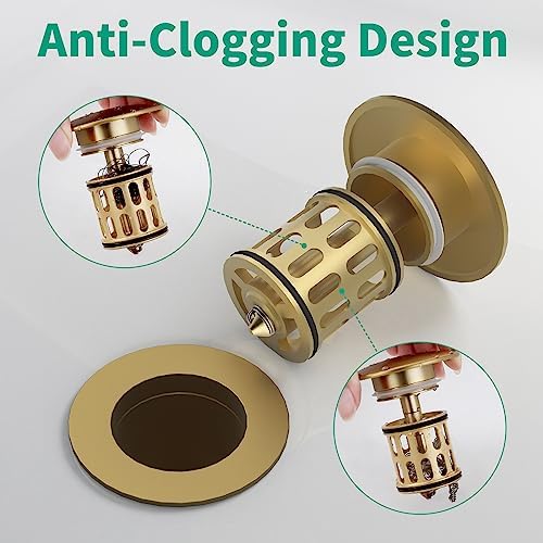 Bathroom Pop up Drain Without Overflow, Brushed Gold, No Overflow - Image 4