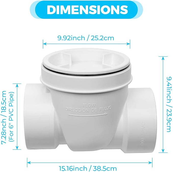 Cinsda 6" PVC Backwater Valve, 6 Inch Back Flow Preventer Valve, Backflow Water - Image 2