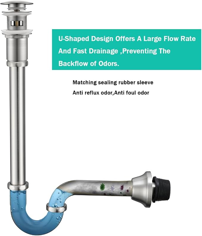 Brass P Trap with Pop Up Drain Stopper With Overflow, U-Shape 1 1/4 Slip Joint - Image 6