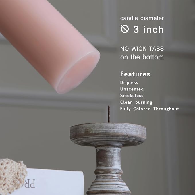 MOZEAL 3" x 4" Hand-Poured Unscented Blush Candle, Dripless Light Pink Pillar - Image 3