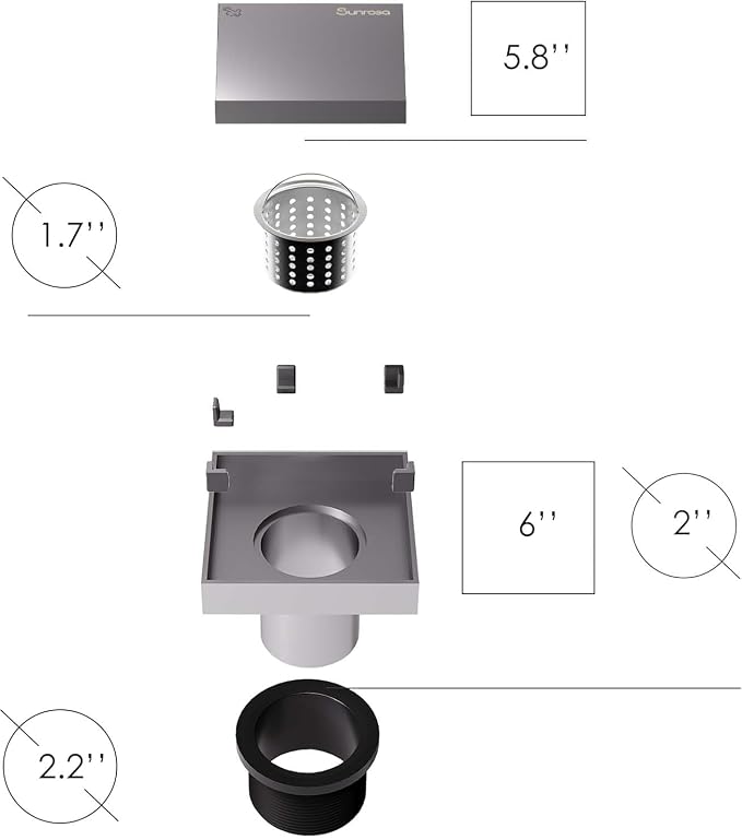 Sunrosa 6 Inch Square Shower Drain, Polished Chrome, 304 Stainless Steel | - Image 5