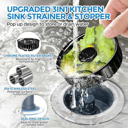 zaa 3 in 1 Kitchen Sink Drain Strainer Stopper Removable Basket Pop-Up - Image 2