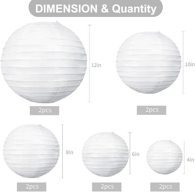 BEISHIDA White Paper Lanterns 10Pcs 4/6/8/10/12 Inch Round Chinese Lamp | Paper - Image 2