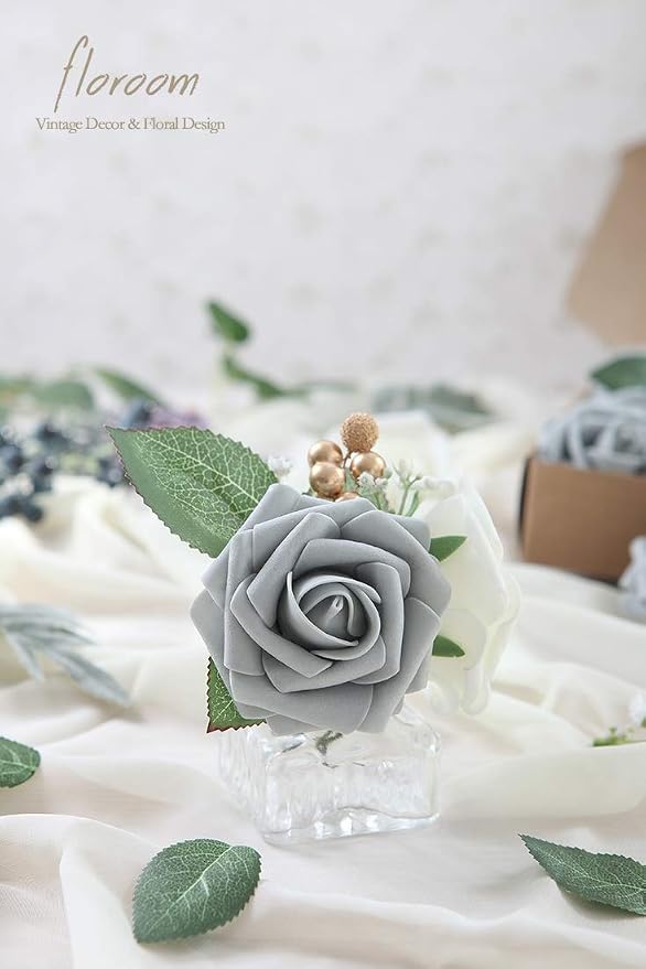 Artificial Flowers 25pcs Real Looking Silver Grey Foam Fake Roses - Image 5