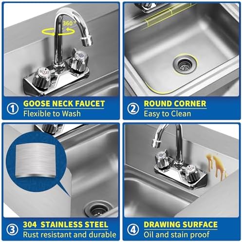 BIEAMA NSF 17" x 15" Hand Sink, Stainless Steel Wall Mount, Side Splashes - Image 3