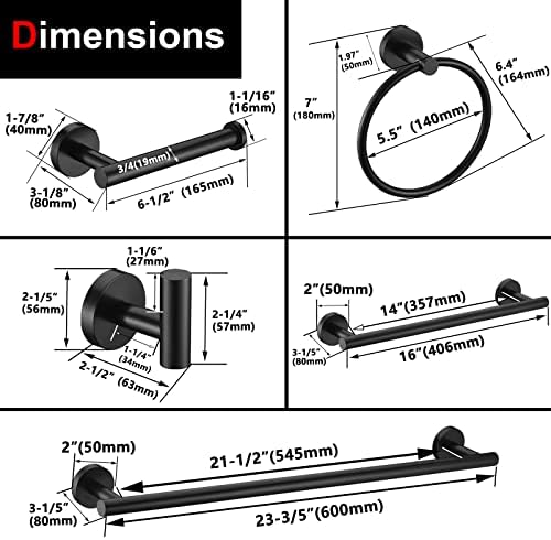 6 Pieces Matte Black Bathroom Hardware Accessories Set Hand Towel Ring 16&23.6 - Image 7