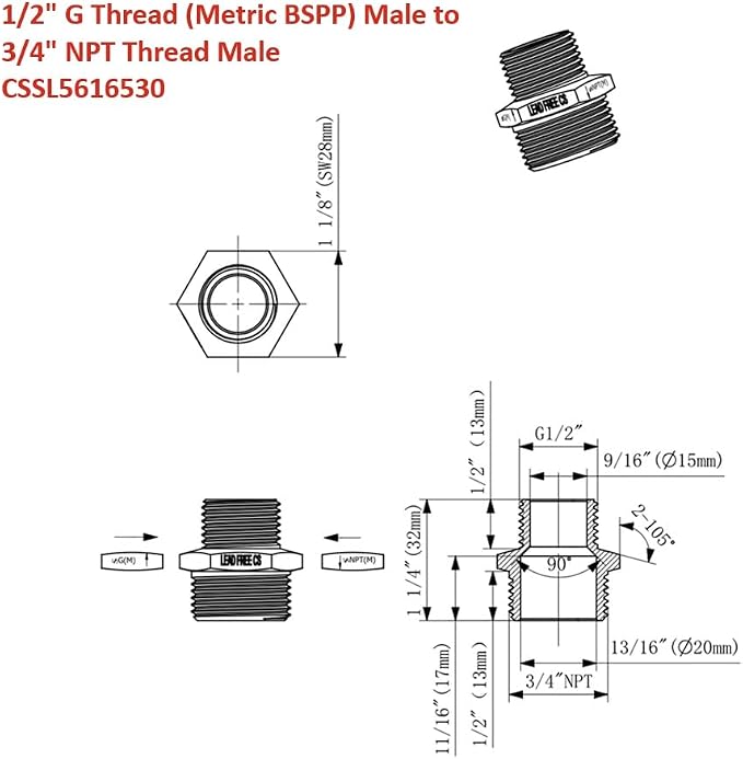 Cascada 1/2" G Thread Male to 3/4" NPT Thread Male | Pipe Fitting Adapter - Image 2
