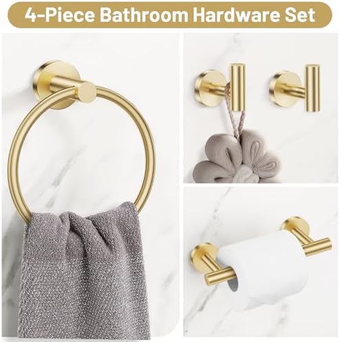 Brushed Gold Bathroom Hardware Set, Toilet Paper Holder, Towel Ring & Hooks - Image 2