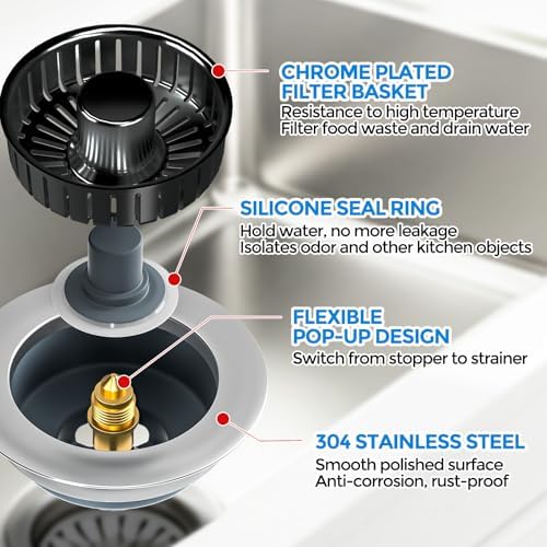 zaa 3 in 1 Kitchen Sink Drain Strainer Stopper Removable Basket Pop-Up - Image 6