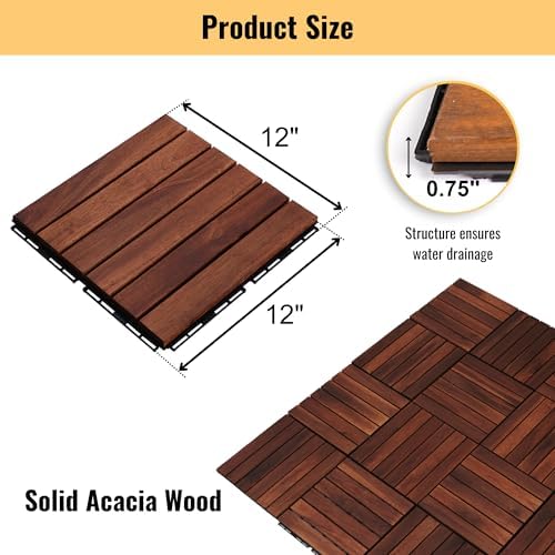 20 PCS Interlocking Deck Tiles, Striped Pattern 12"x12" Acacia Wood Outdoor - Image 3