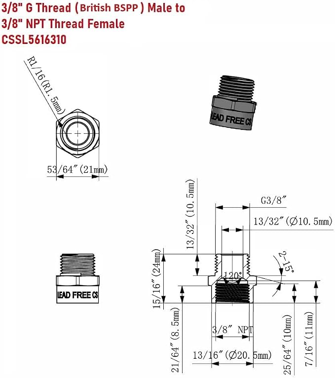 Cascada Lead-Free Brass Adapter, G Thread British BSPP Male to NPT Female |) - Image 4