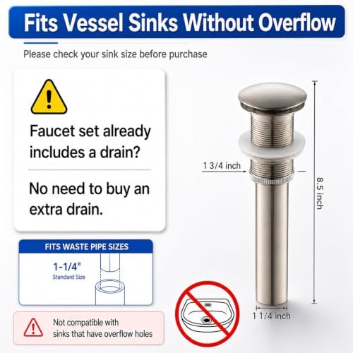 Pop up Drain for Bathroom Sink, Vessel Sink Drain Without Overflow - Image 3