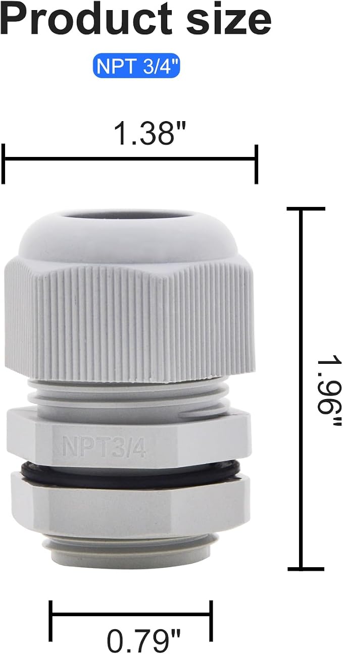 AnRui 15Pcs Waterproof NPT Cable Glands 3/4” Grey Nylon Adjustable Cable Gland - Image 6