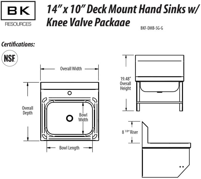BK Resources NSF Commercial Wall Mounted Hand Sink, Knee Valves, Side Splash - Image 2