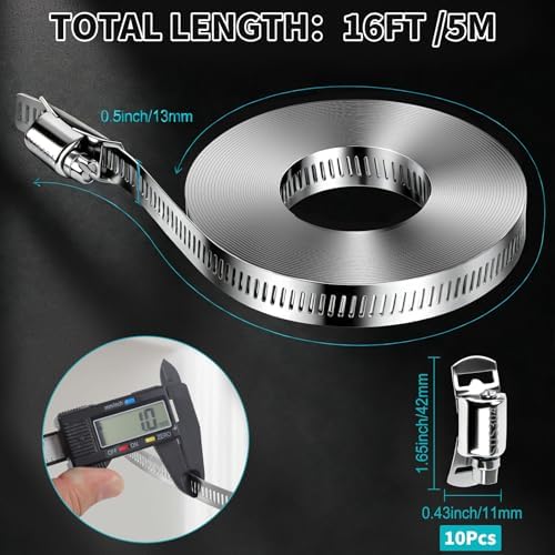 Hose Clamps DIY Kit 16 FT, Adjustable Metal Screw Clamps Strap +10 Fastener - Image 4