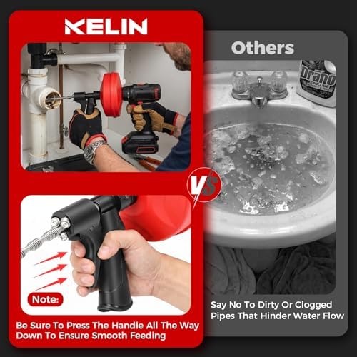 KELIN 6 in 1 Drain Auger Kit, Dual-Mode 33FT Plumbing Snake - Image 4