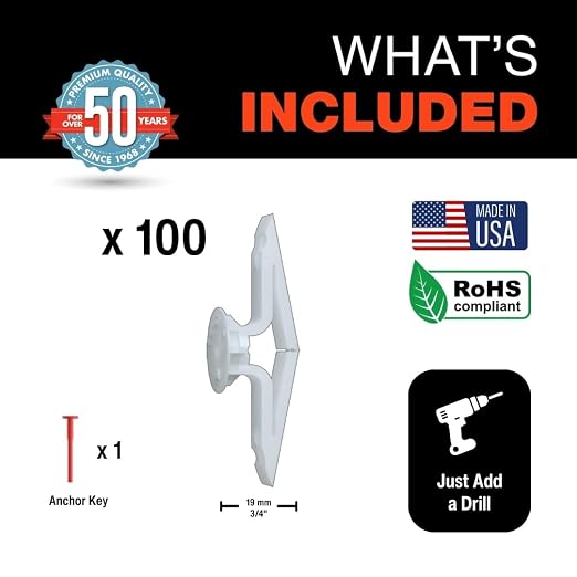TOGGLER Toggle TB Drywall Anchor, 100 Pack, 3/8" to 1/2" w/o Screw | - Image 2