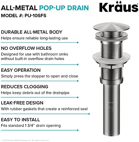 KRAUS Pop-Up Drain for Bathroom Sink Without Overflow in Spot-Free Stainless - Image 5