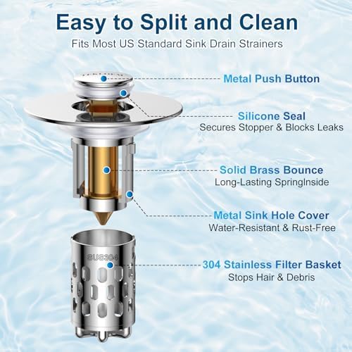 Bathroom Sink Drain Strainer, All Metal Pop-Up Sink Stopper - Image 3