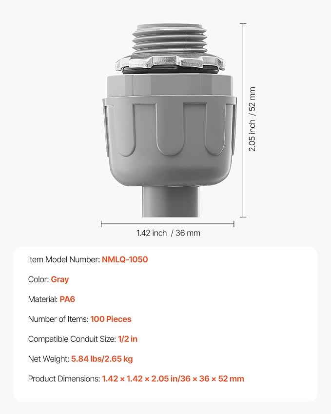 VEVOR 1/2 inch Liquid Tight Connector, 100 Packs, Non-Metallic Electrical - Image 7