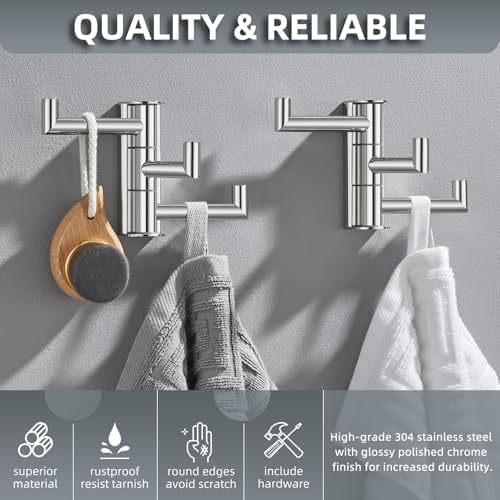 Angle Simple Swivel Towel Hooks, Robe Coat Hook 2 Pack, Polished Chrome - Image 3