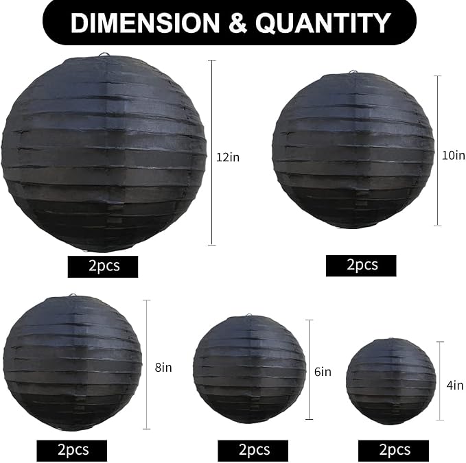 BEISHIDA Black Paper Lanterns 10Pcs 4/6/8/10/12 Inch Round Chinese Lamp | Paper - Image 2