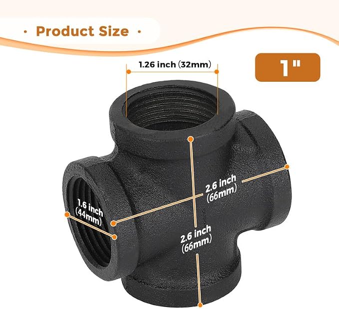 1" Black Pipe Fittings 4-Way Cross Fitting Home Expert 10 Pack | Malleable Cast - Image 3