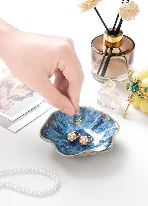Lotus Leaf Shape Ring Holder Dish, Small Key Bowl, Ceramic Trinket Tray Jewelry - Image 2
