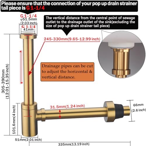RANDOM Brass Round Bottle P-Trap 1 1/4, Raise and Lengthen Adjustable Basin - Image 2